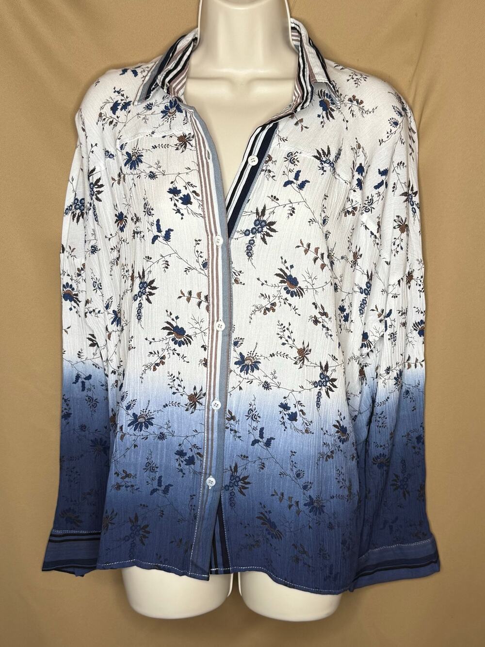 POL White Blue Ombre Floral Button Up Top S NWOT